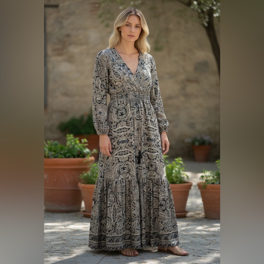 Revolve Boemo Paisley print peasant sleeve maxi tiered dress brown‎